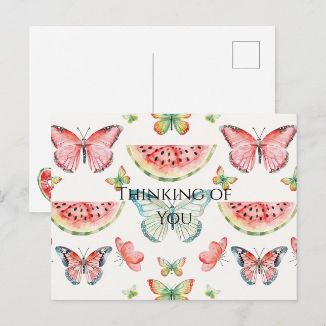 Cartão Postal Green Red Watermelon Blue Butterflies Birthday (Frente/Verso)