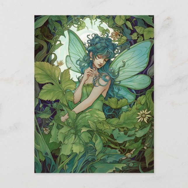 Cartão Postal Green Woodland Fairy Fantasy Art (Frente)