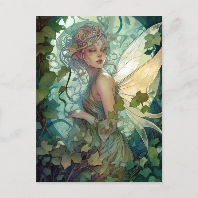 Cartão Postal Green Woodland Fairy Fantasy Art (Frente)
