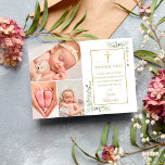 Cartão Postal Greenery Photo Collage Baptism Obrigado<br><div class="desc">Dourada assinatura batismo batizando obrigado de colagem fotográfica. Personalize com suas 3 fotos especiais e batismo especial,  obrigado batizante que você escreve em letras chic gold neste moderno design elegante. Projetado por Thisnotme©</div>