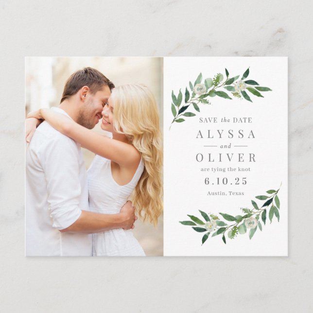 Cartão Postal Greenery Photo Save The Date Postcard (Frente)