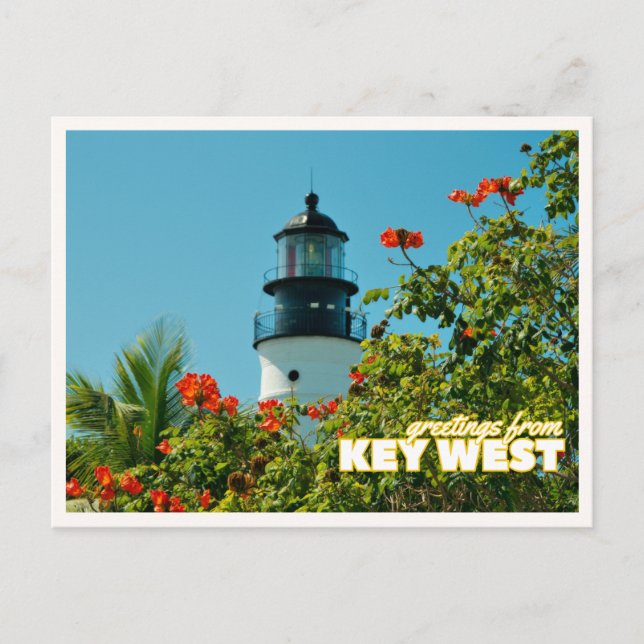 Cartão Postal Greetings from Key West Florida Retro Lighthouse (Frente)