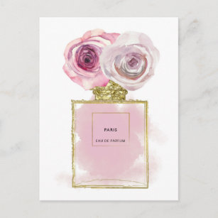 Cartão Postal Grelha Floral Frasco de Perfume Rosas Rosa Dourada