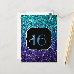 Cartão Postal Grelhas de brilho de Ombre azul-aqua Doce 16
