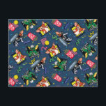 Cartão Postal Gremlins™ 80's Retrowave Pattern<br><div class="desc">Bring the party (and the chaos) with this vibrant Gremlins™ all-over pattern design! Featuring fan-favorite characters Gizmo and Stripe in playful poses alongside retro TV screens, popcorn, soda cups, planes, and colorful confetti accents, this artwork captures the mischievous, movie-night energy fans adore. Set against a bold blue background with bright...</div>