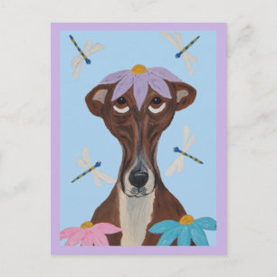 Cartão Postal Greyhound com uma Flor na cabeça & Libélulas