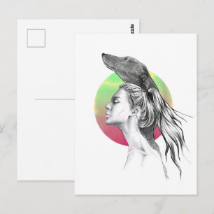 Cartão Postal Greyhound e Mulher Retrato Cão Cachorro Passa Arte