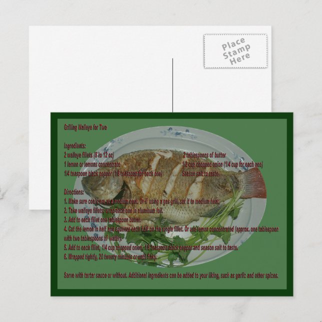 Cartão Postal Grill Walleye de duas placas de receita (Frente/Verso)