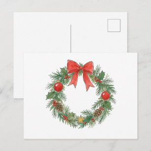 Cartão Postal Grinalda Clássica de Natal com Laço para Amantes d