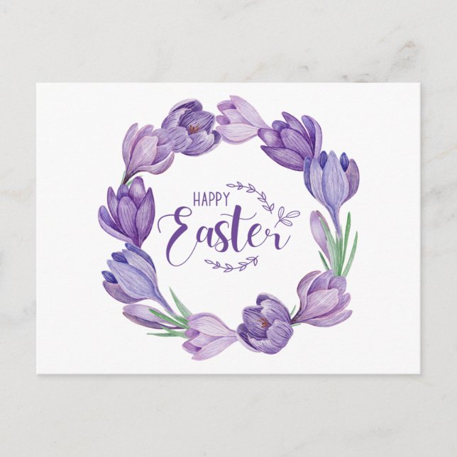 Cartão Postal Grinalda de Flor de Crocus Roxo Feliz Páscoa  (Frente)