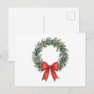 Cartão Postal Grinalda de Natal Tradicional com Aquarela de Laço