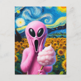 Cartão Postal Gritando Alienígena rosa com algodão doce Girassói