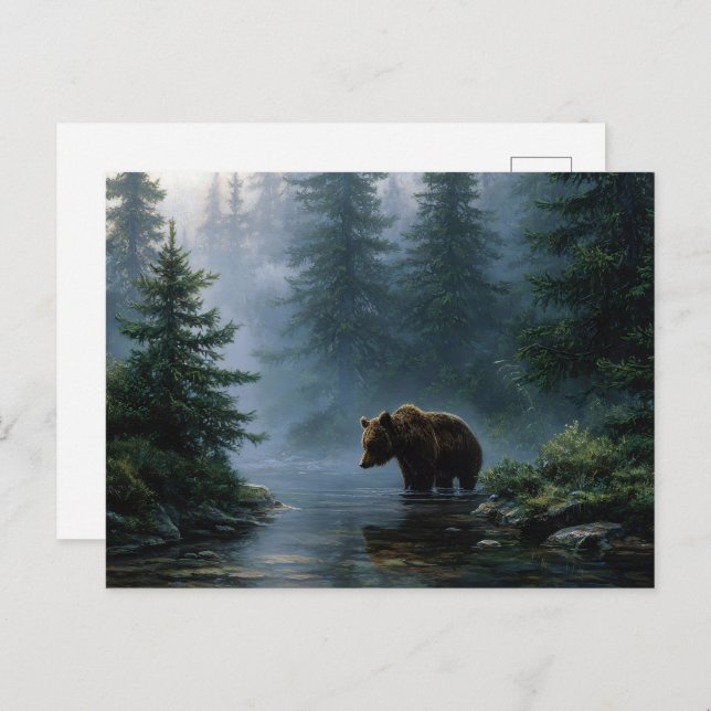 Cartão Postal Grizzly Bear Misty Forest (Frente/Verso)
