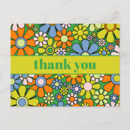 Cartão Postal Groovy Floral Colorido Retro Anos 60 70 Obrigado