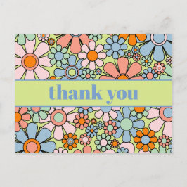 Cartão Postal Groovy Floral Colorido Retro Anos 60 70 Obrigado