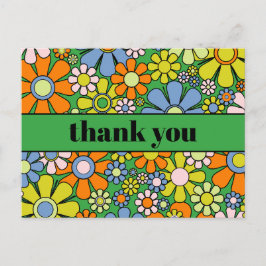 Cartão Postal Groovy Floral Colorido Retro Anos 60 70 Obrigado