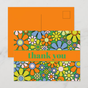 Cartão Postal Groovy Floral Colorido Retro Anos 60 70 Obrigado