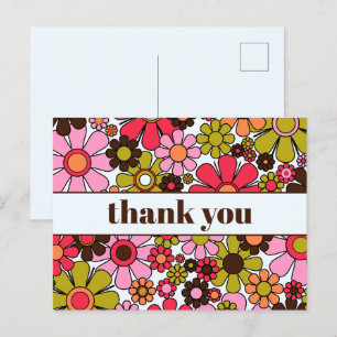 Cartão Postal Groovy Floral Retro dos Anos 60 70 Flores Obrigado