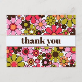Cartão Postal Groovy Floral Retro dos Anos 60 70 Flores Obrigado