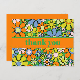 Cartão Postal Groovy Retro Floral Colorido 60s 70s Obrigado