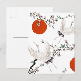 Cartão Postal Grua japonesa com padrão de flor de ameixa