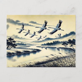 Cartão Postal Gruas voando sobre um rio Paisagem Chinesa Tinta P