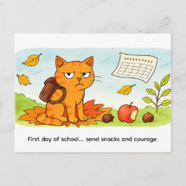 Cartão Postal Grumpy Cartoon Cat Starting School in Autumn