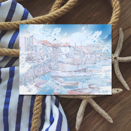 Cartão Postal Grunge Watercolor Art of Boats in the Harbor