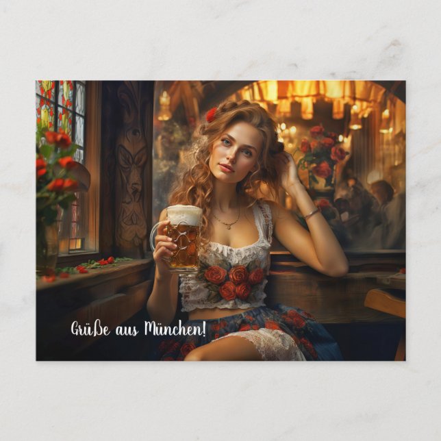 Cartão Postal Grüße aus München! Bierzeltstimmung. Dirndl (Frente)