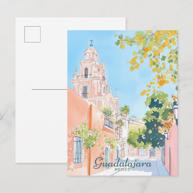 Cartão Postal Guadalajara Mexico Gouache Illustration Viagem (Frente/Verso)