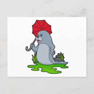 Cartão Postal Guarda-chuva Chuvoso de Focas