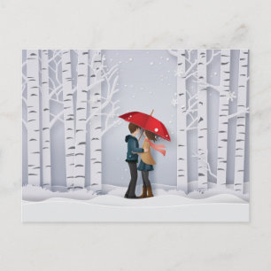 Cartão Postal Guarda-Chuva Vermelho no Casal na Neve