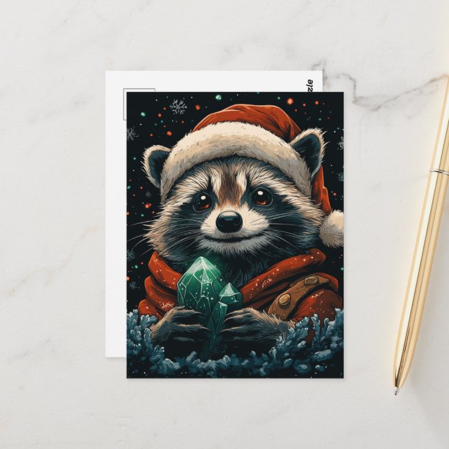 Cartão Postal Guaxinim Adorável de Natal (Frente/Verso In Situ)