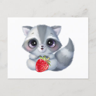 Cartão Postal Guaxinim Bebê em Aquarela Fofa com Fruta Morango