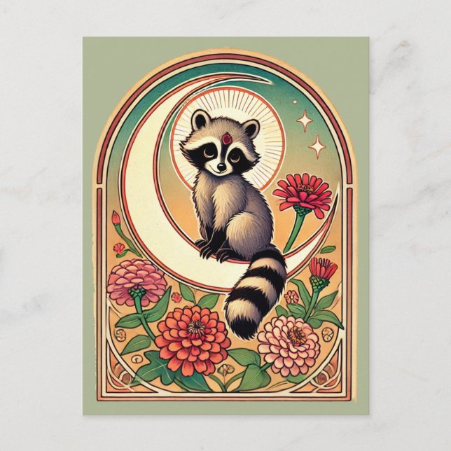 Cartão Postal Guaxinim com Zinnias (Frente)