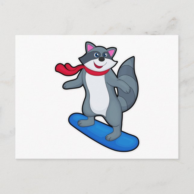 Cartão Postal Guaxinim como praticante de snowboard com prancha  (Frente)