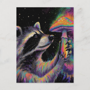 Cartão Postal Guaxinim e um Cogumelo de Giz Neon à Noite