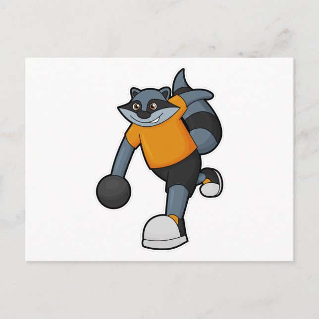 Cartão Postal Guaxinim no boliche com bola de boliche (Frente)