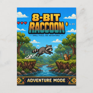 Cartão Postal Guaxinim, Pixel Art Retro de 8 Bits