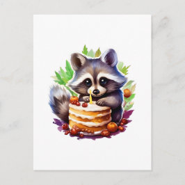 Cartão Postal Guaxinim Summer Spring com um bolo de 1º aniversár