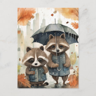 Cartão Postal Guaxinins Fofos na Chuva
