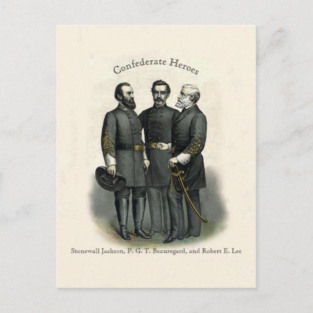 Cartão Postal Guerra Civil 🛡️ Heroes Stonewall Beauregard Lee (Frente)