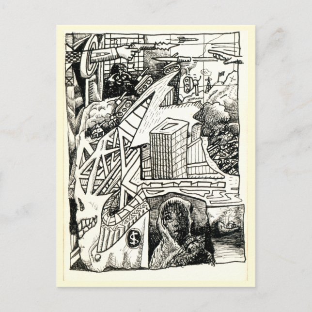 Cartão Postal "Guerra Moderna", desenho a tinta (Frente)