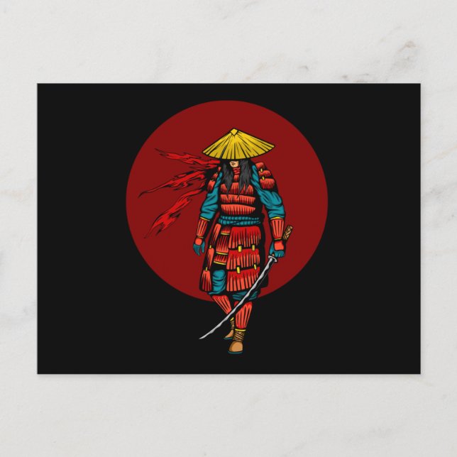 Cartão Postal Guerreiro Samurai do Pôr do Sol com Katana (Frente)