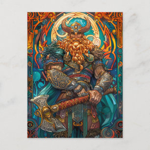 Cartão Postal Guerreiro Viking Vibrante com Machado Mitologia Nó