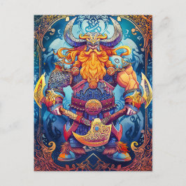 Cartão Postal Guerreiro Viking Vibrante com Machado Mitologia Nó