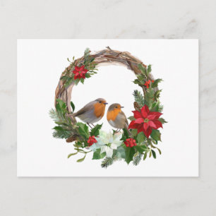 Cartão Postal Guirlanda de flores de poinsétia de Natal e pássar