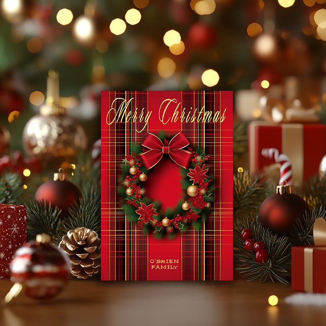 Cartão Postal Guirlanda de Natal Clássica Vermelha Xadrez Dobrad (Elegant Christmas Wreath Tartan Postcard )