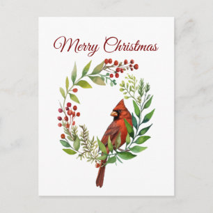Cartão Postal Guirlanda de Natal de Pássaro Cardinal Vermelho em