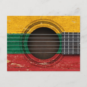 Cartão Postal Guitarra Acústica Antiga com Bandeira da Lituânia